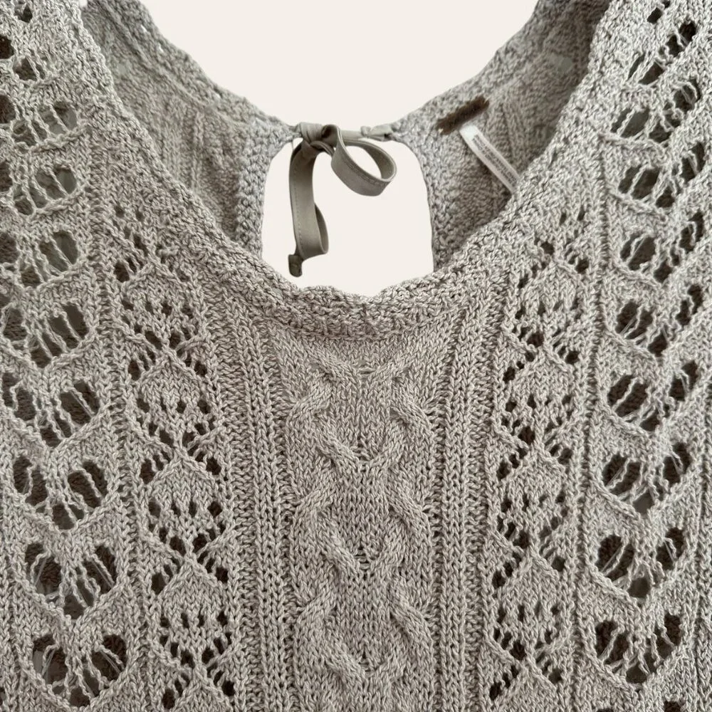 Free People Boho Crochet Tie Open Back S Top Stone Beige Tan Long Sleeves EUC - Picture 6 of 13